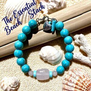 Chunky Boho Bracelet 7-7.5" Wrist ~ Rose Quartz & Aqua Howlite - Chic & Comfy!
